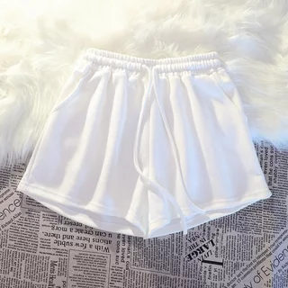 Bella shop กางเกงขาสั้นผู้หญิงหลวมๆ สไตล์เกาหลี สปอร์ตเรียบง่าย กางเกงขาสั้นเชือกผูกแบบลำลอง