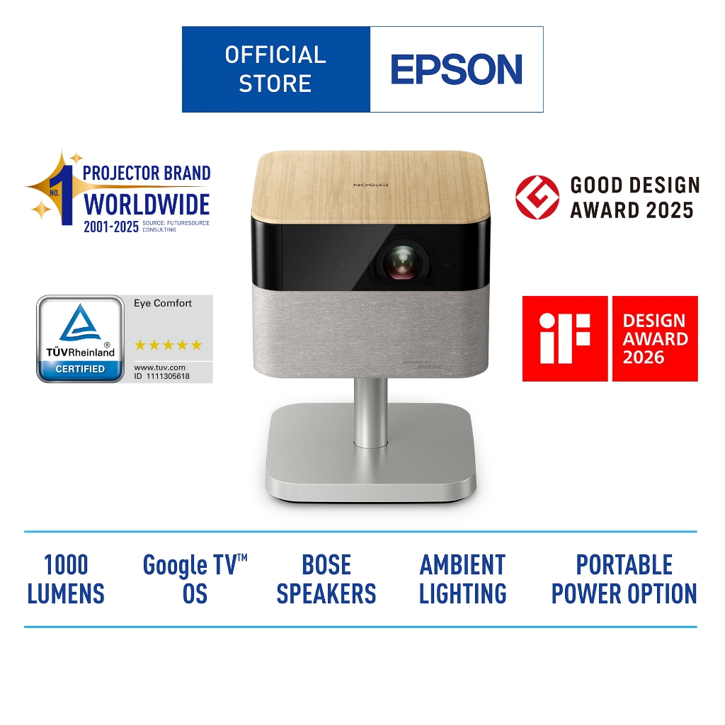 Epson Lifestudio Flex Plus EF-72 Home Projector | Sound by BOSE | Google TV | 1000 lumens | 4K UHD | USB Type-C
