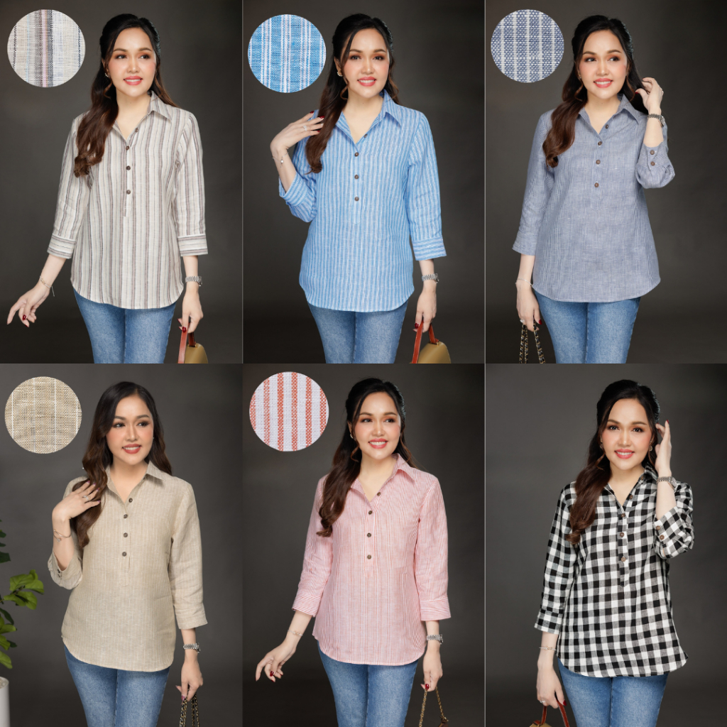 เสื้อลินินแท้100% รุ่นนิวโปโลกระดุมกะลา ทอลาย