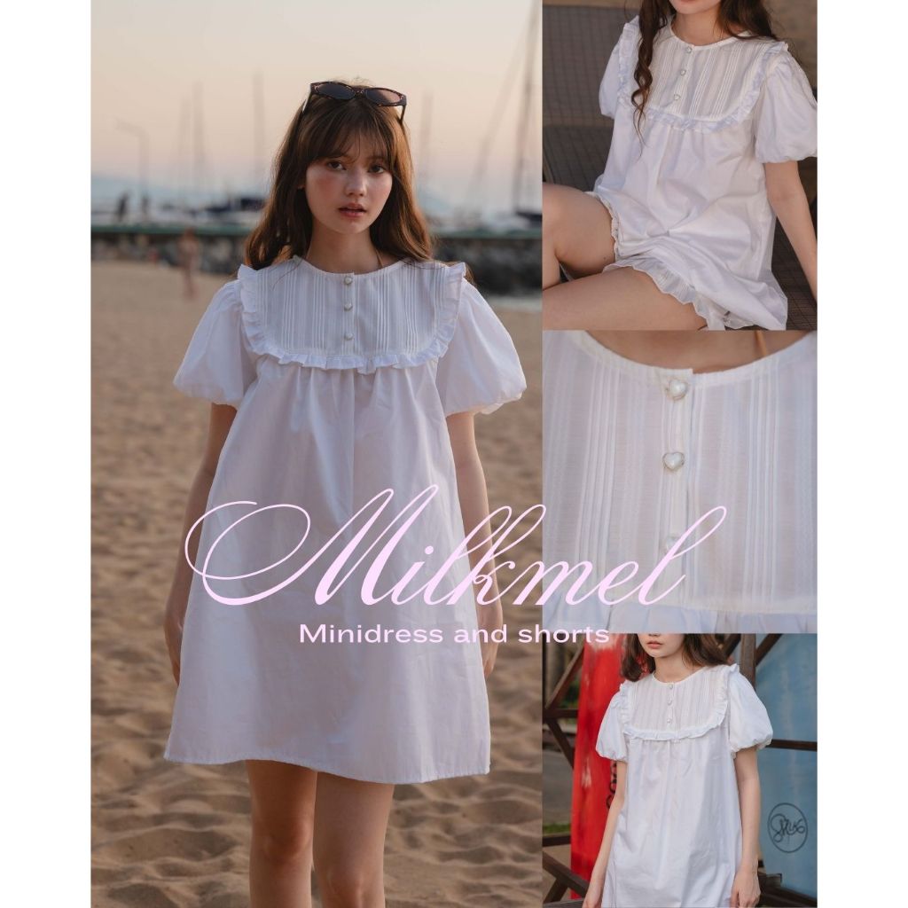 🥛Milkmel minidress&shorts ชุดมินิเดรสสีขาวสไตล์Cottage พร้อมกางเกงกันโป๊ /dressylismm