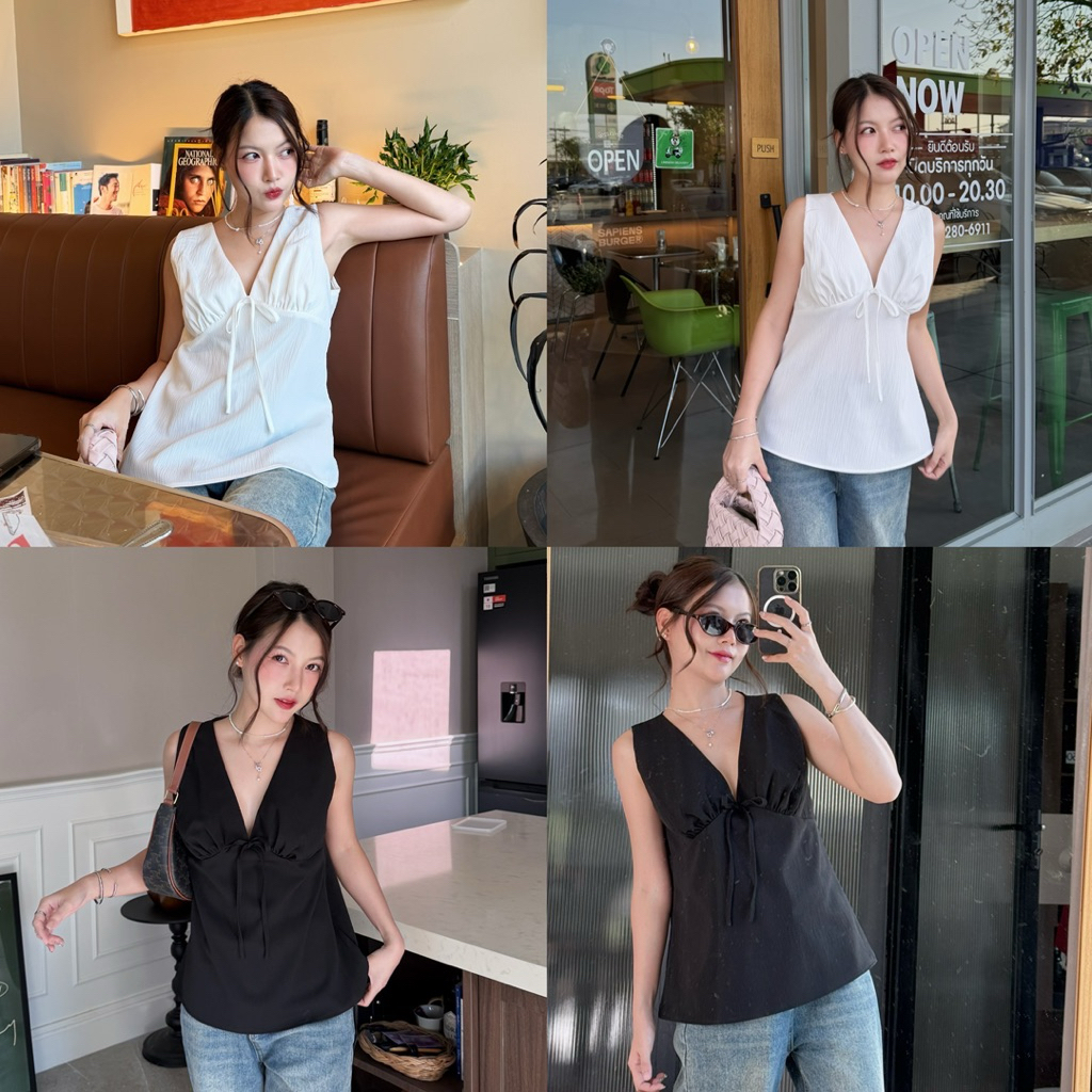 M18-เสื้อแขนกุดผูกโบว์หน้า สไตล์เกาหลี 🤍🖤