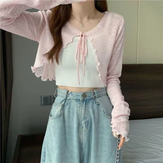 🌸 เสื้อคลุมไหมพรมบาง ผูกโบว์หน้า เสื้อคลุมเกาหลี แขนยาว ฟรีไซส์ 🌸