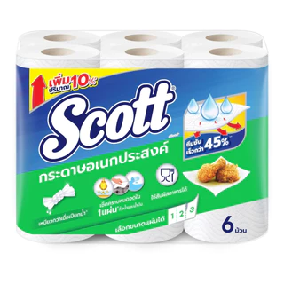 Scott ทิชชูม้วน 4 รุ่น สำหรับเช็ดทำความสะอาดได้ทั่วไปและซับน้ำมันจากอาหารทอด แพ็ค 6 ม้วน tissue roll