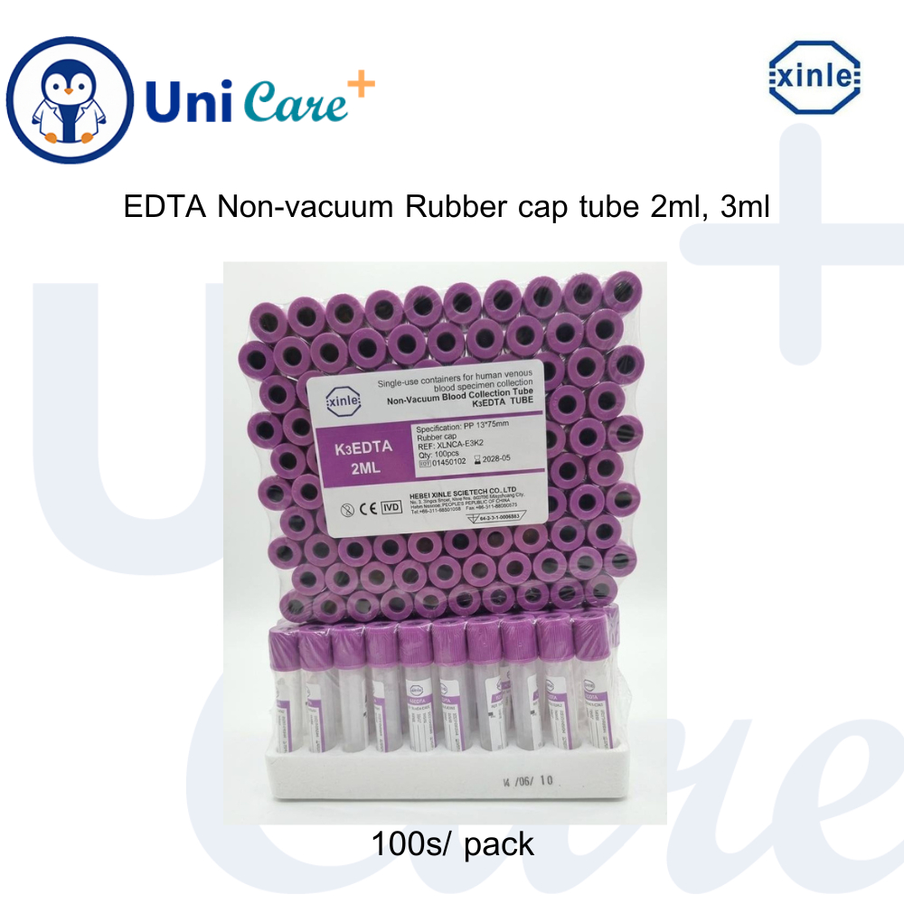 หลอดเก็บตัวอย่างเลือด EDTA k3 Non-vacuum Rubber cap tube 2ml, 3ml, 6ml (100 หลอด / แพ็ค)