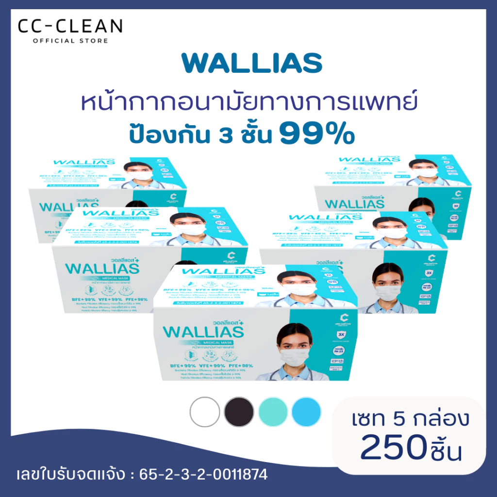 (5 กล่อง) หน้ากากอนามัยทางการเเพทย์ของแท้ ยี่ห้อWALLIAS หนา 3 ชั้นป้องกันได้ถึง 99%บรรจุ 50ชิ้น ต่อกล่อง