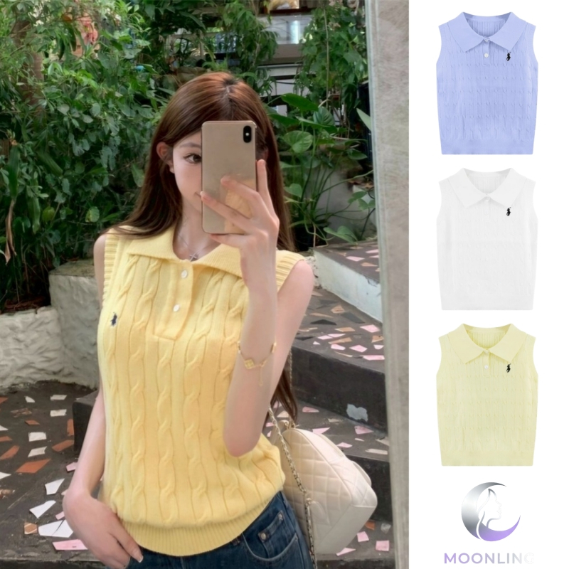 Moonling 🌜พร้อมส่งจากไทย เสื้อกล้ามไหมพรม คอปก สีพาสเทลใส่ง่าย เข้ารูป W-J074