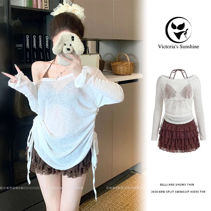Victoria's Sunshine ชุดว่ายน้ำ bikini บิกินี่+ผ้าคลุม 3 ชิ้น เว้าหลัง เที่ยวทะเล#1140