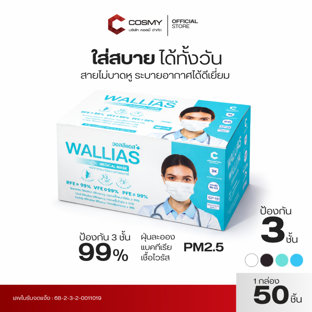 【รุ่นขายดี】Wallias หน้ากากอนามัย เกรดการแพทย์ หนา3ชั้น แมสป้องกันฝุ่นPM2.5 ไวรัสแบคทีเรีย99% Medical Mask