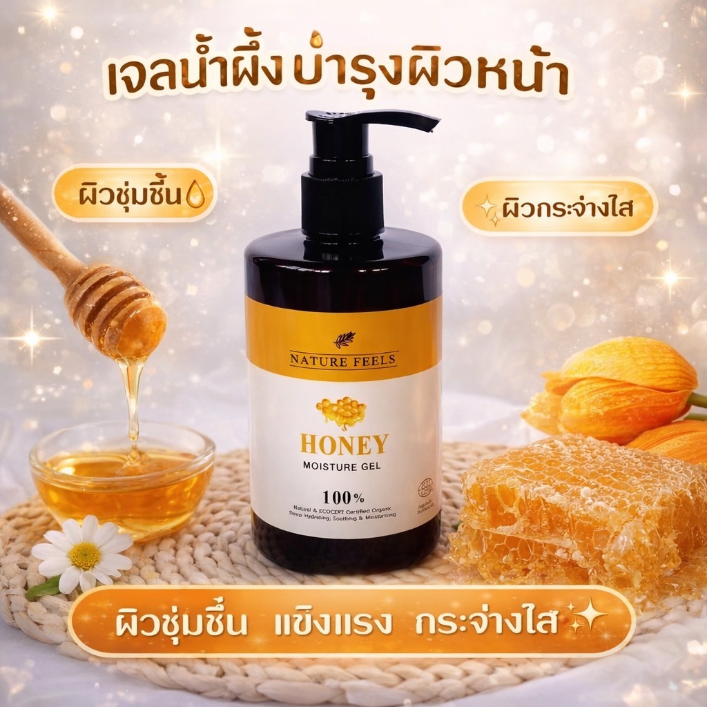 เจลน้ำผึ้ง Honey Soothing Gel 300g ผิวชุ่มชื้น อิ่มฟู บำรุงผิวหน้า-ผิวกาย ขวดปั๊ม ใช้นวดกัวซาได้