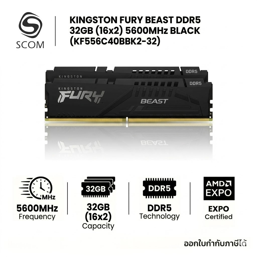 (RAM) KINGSTON FURY BEAST DDR5 32GB (16x2) 5600MHz BLACK (KF556C40BBK2-32)