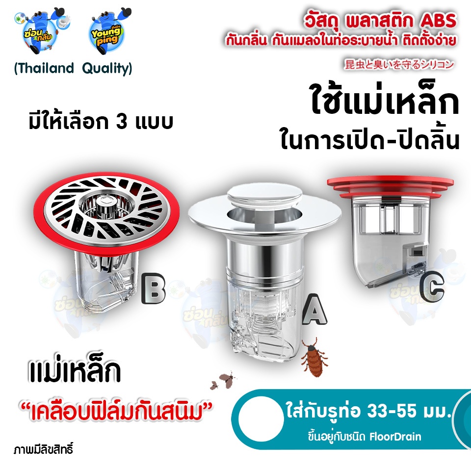 SaunGlin กันแมลงในท่อน้ำทิ้งแบบใช้แรงผลักแม่เหล็กในการปิด-เปิด