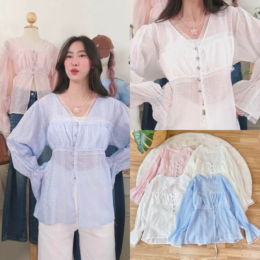 🌷 เสื้อคอวีแขนยาวผ่าชาย มีเชือกผูกหลัง มีไซส์ใหญ่สาวอวบใส่ได้ ผ้าโรซี่ซีทรูแต่งลูกไม้  เสื้อsummerน่ารัก เที่ยวคาเฟ่