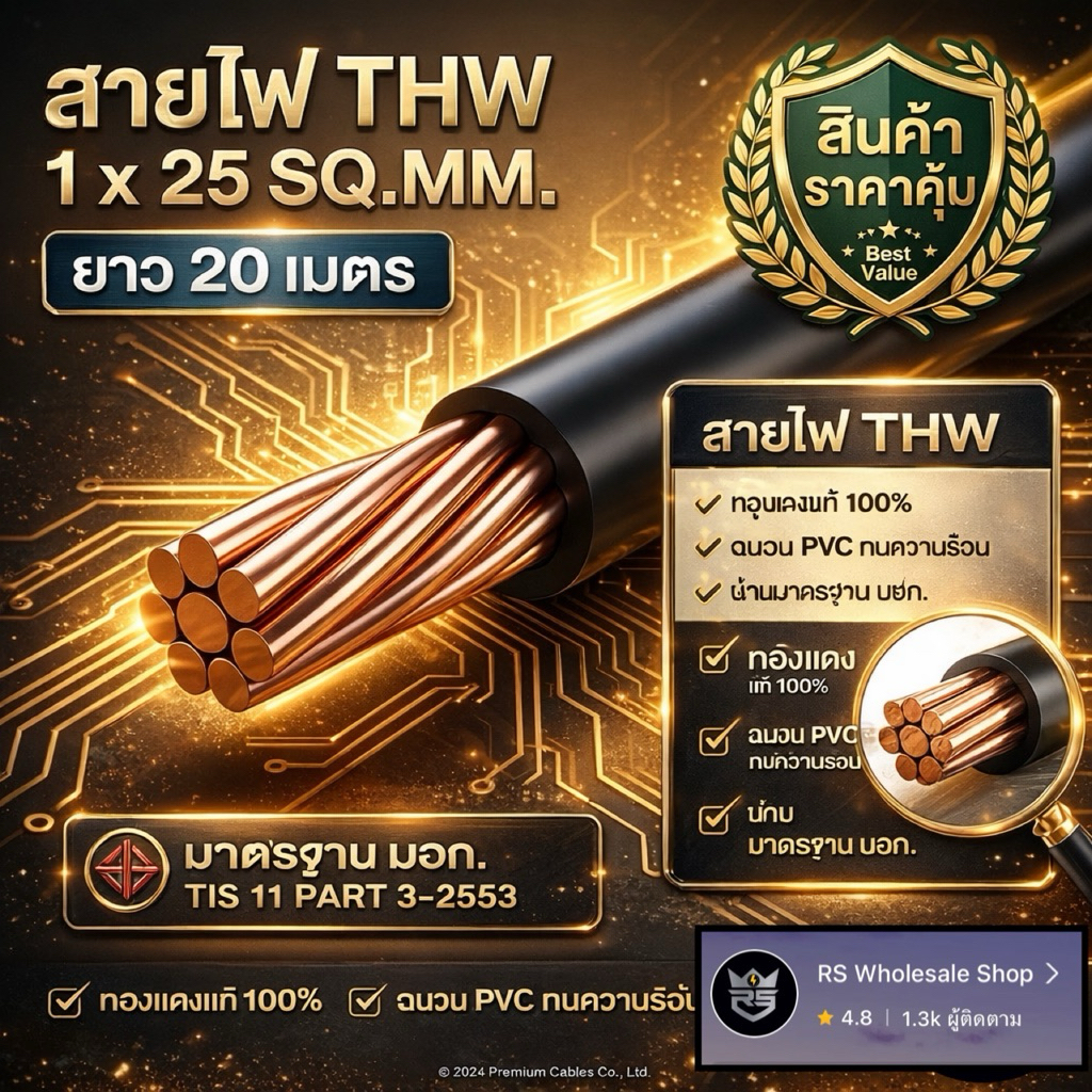 สายไฟ THW 25 sq.mm (ทองแดง) ยาว 20 เมตร