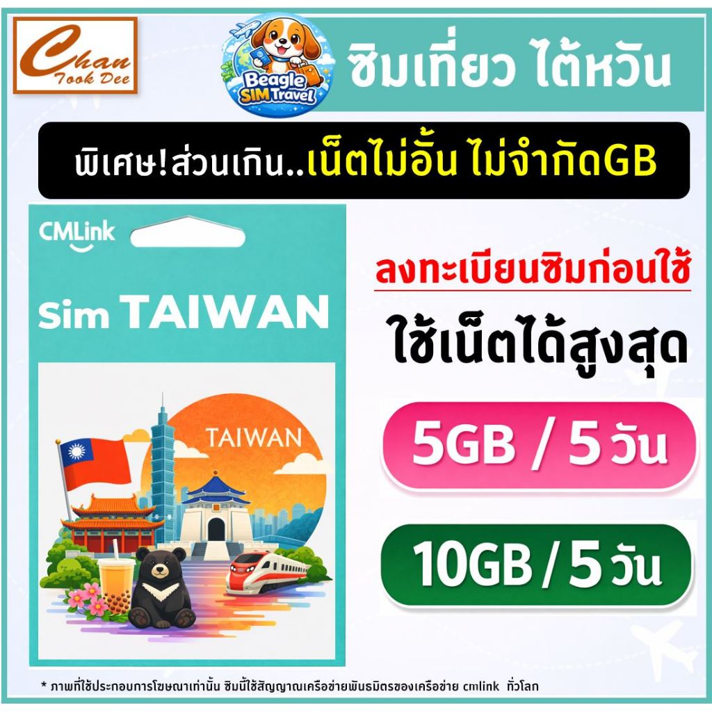 SIM TRAVEL Taiwan ซิมท่องเที่ยว ไต้หวัน 5G/4G/3G ไม่อั้น* | ลงทะเบียนก่อนใช้ | เลือกแพ็กเกจตามวันได้