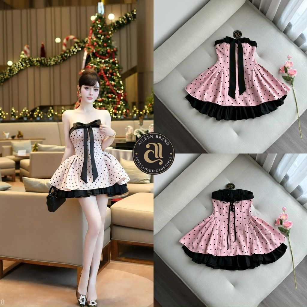 Aileen มินิเดรสเกาะอกสีดำลาย polkadot แต่งโบใหญ่สีขาวกลางอก
