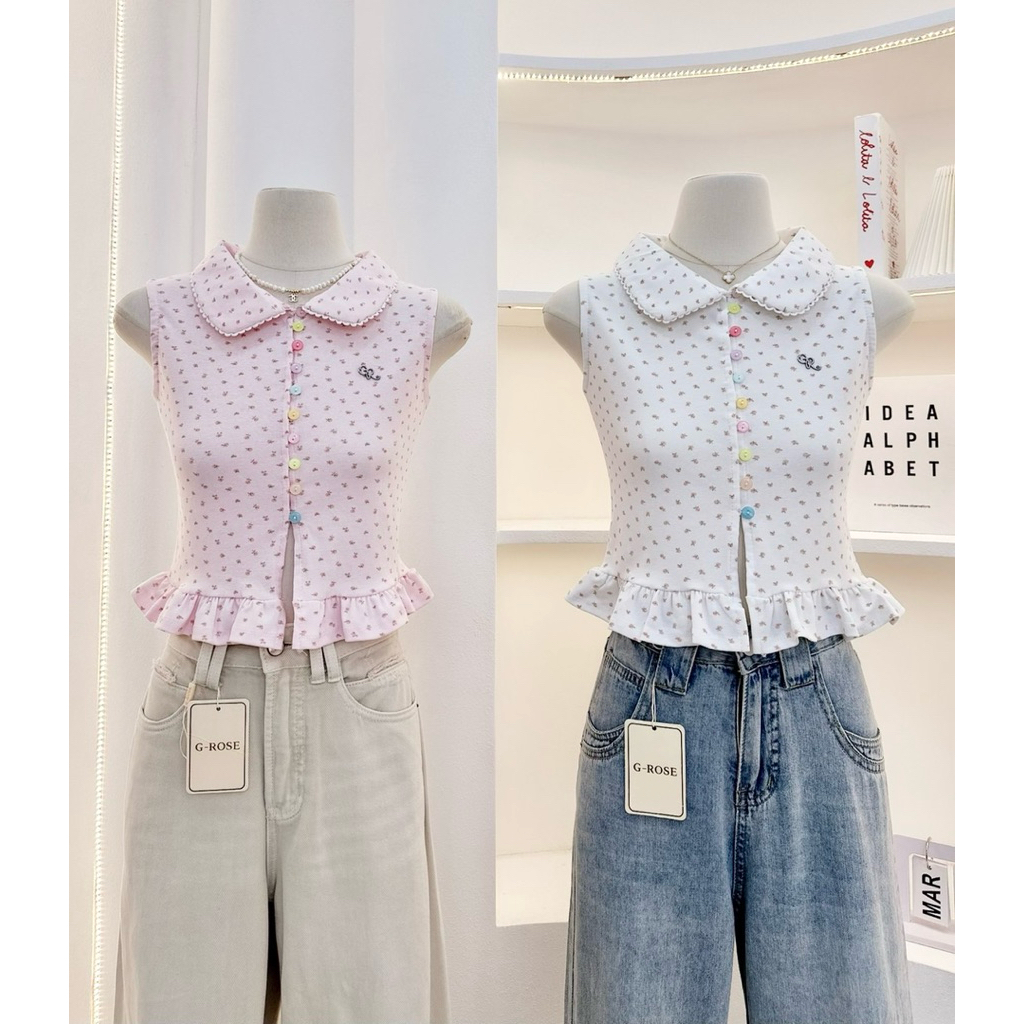 G-rose เสื้อแขนกุดปกหยัก ผ้าร่องลายริ้ว