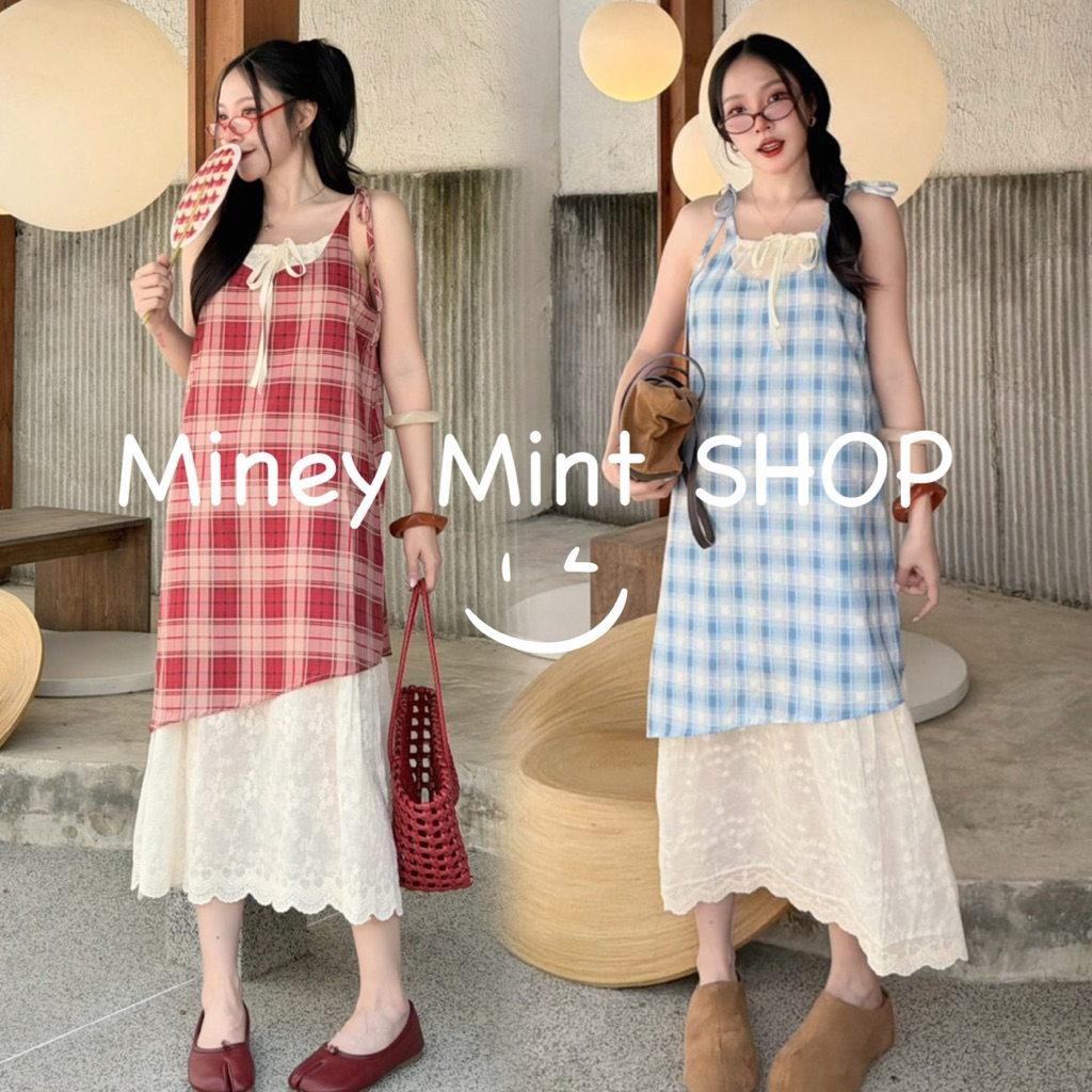 miniminey🌸 เดรสสายเดี่ยวงานฟรีไซส์ ซับในทั้งตัวชายลูกไม้