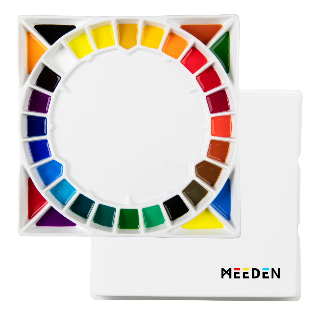 MEEDEN จานสีเซรามิก 23 ช่อง Ceramic Watercolor Palette พร้อมฝาปิดพลาสติก ผิวเคลือบพิเศษ สำหรับสีน้ำ 