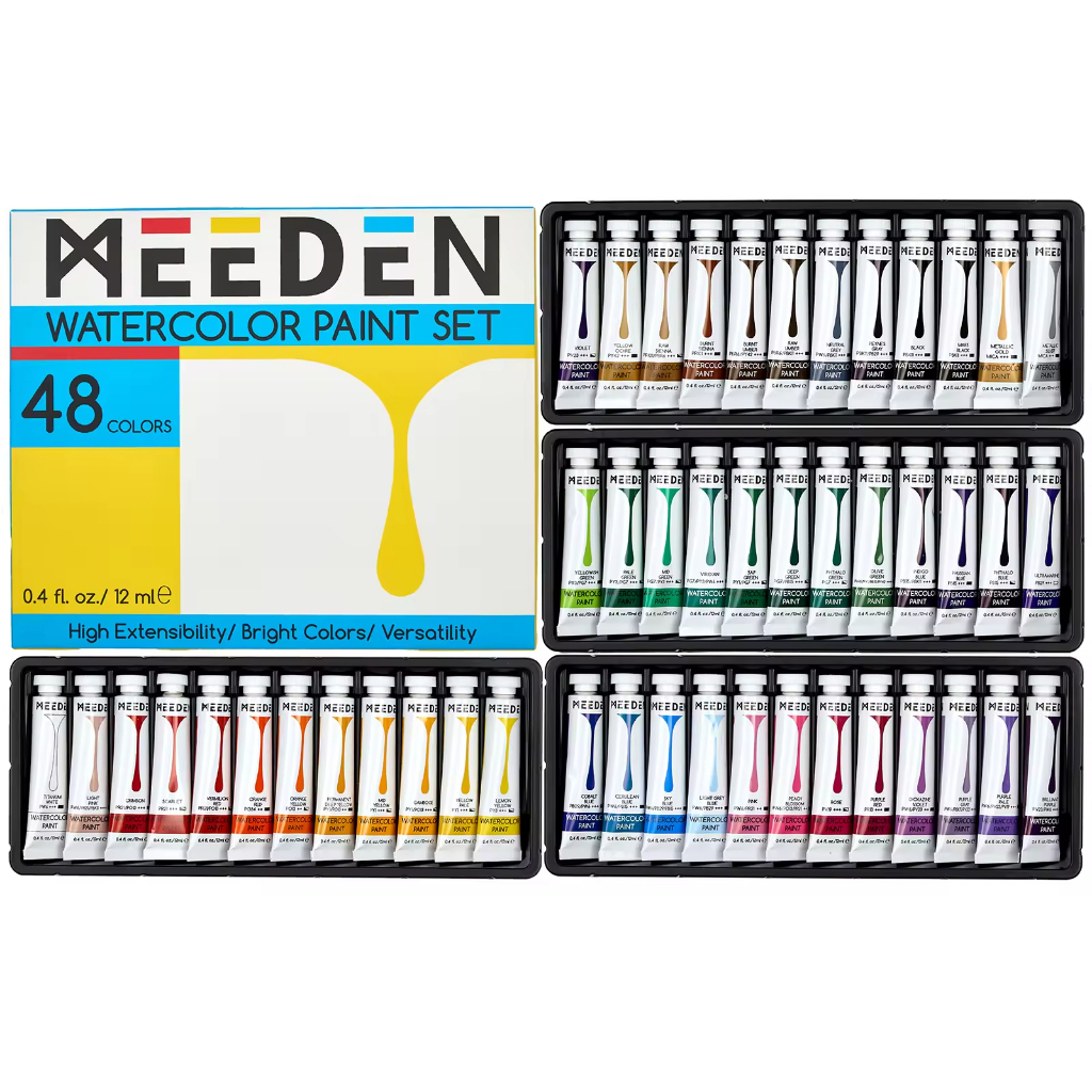 MEEDEN ชุดสีน้ำ 48 สี 12ml Watercolor Paint Set พิกเมนต์เข้มข้น สีสด ระบายผ้าใบ กระดาษสีน้ำ