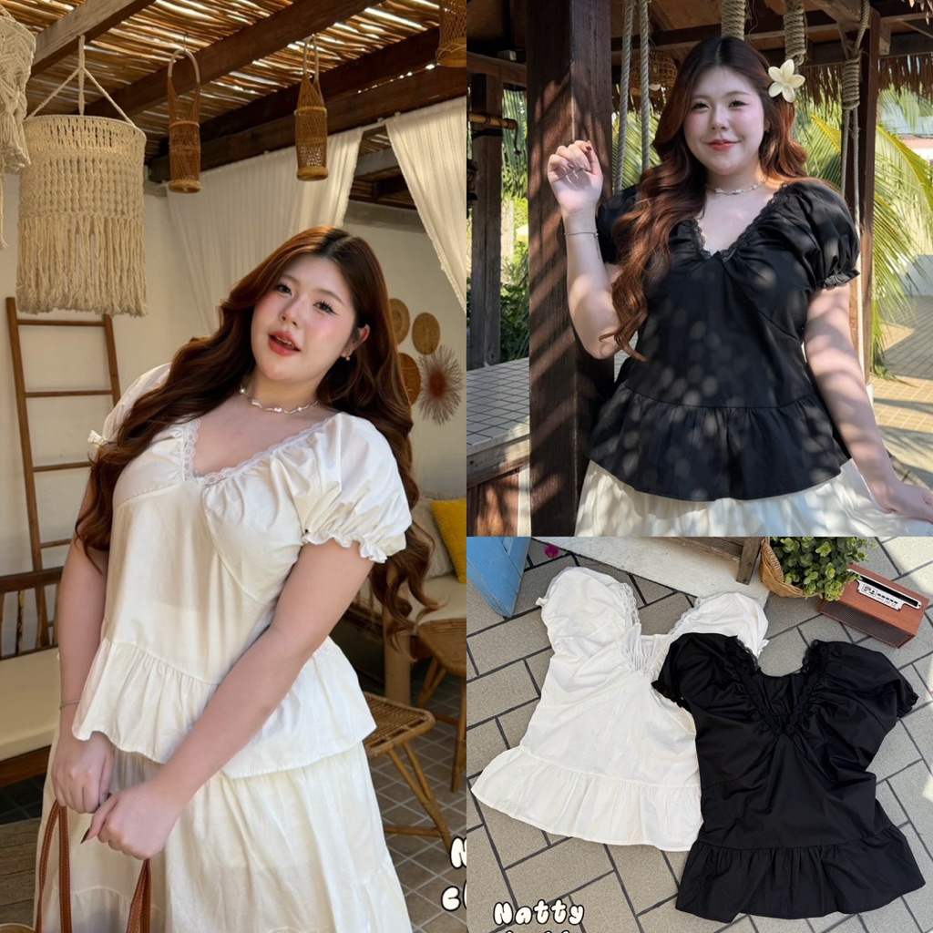 /NT/ เสื้อคอวีแขนตุ๊กตา ไซส์อก38-50 ทรงชายระบาย สีเบสิค แมทช์ง่าย ผ้าคอตตอนใส่สบาย #พลัสไซส์