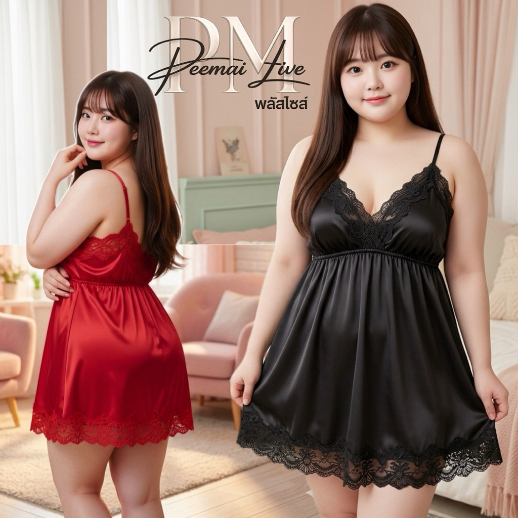 PEEMAI LIVE ชุดนอนซาตินสาวอวบสายเดี่ยวลูกไม้ ชุดนอนไม่ได้นอนXXLได้ถึง 80 kg P-048