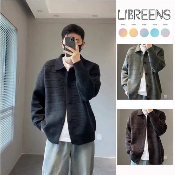 เสื้อถักแขนยาวผู้ชาย คาร์ดิแกน คอปก สีดำ สไตล์เกาหลี ลำลอง สบายๆ ทันผู้ใหญ่ ทรงหลวม ใส่สวยทันสมัย