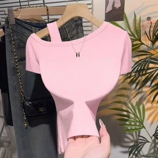 UM M-3XL เสื้อสตรีแขนสั้น แฟชั่นโชว์ไหล่ สายเดี่ยว ดีไซน์กระชับรูป เน้นสัดส่วนเรียวสวย ดีไซน์กระชับรูป เสื้อสตรีแขนสั้น