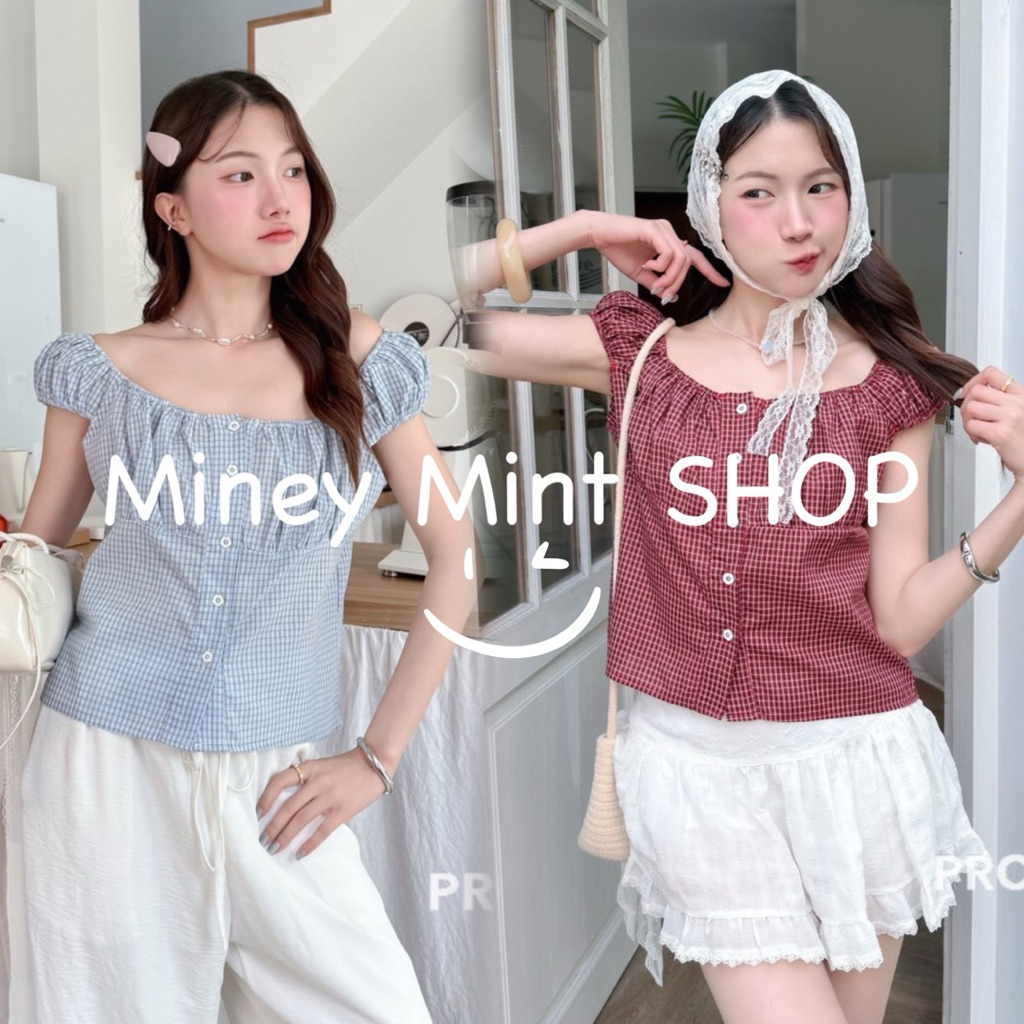 miniminey🧡เสื้อแขนตุ๊กตา ลายสก๊อต กระดุมใช้งานได้จริง