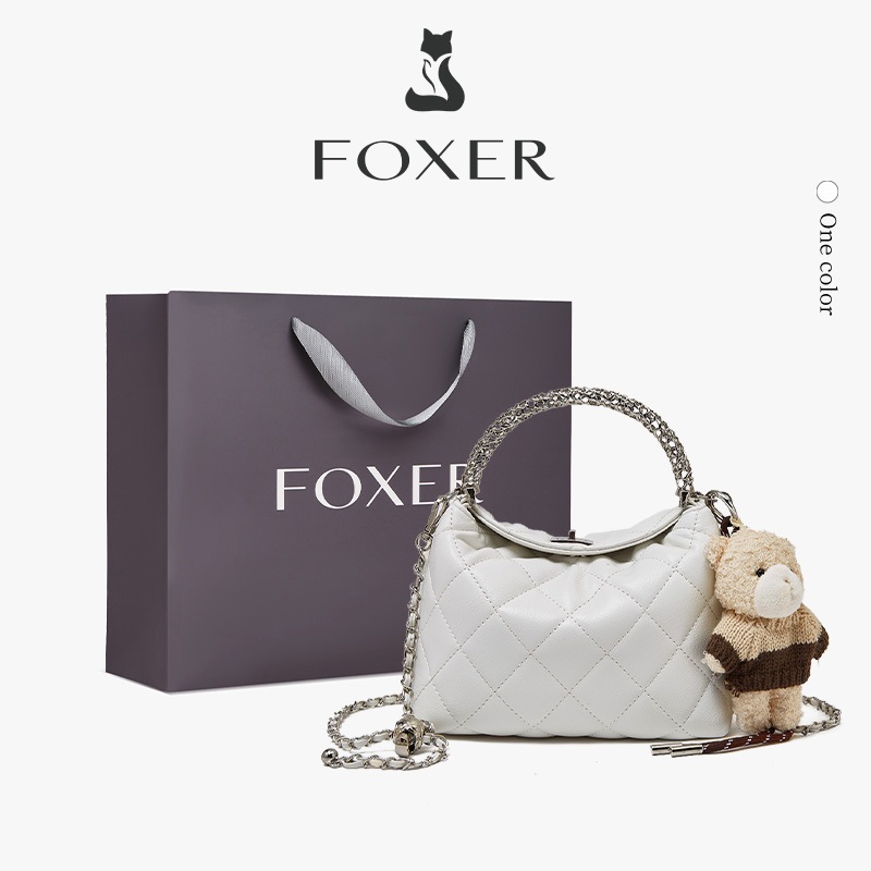 FOXER กระเป๋าคลาวด์สีขาวระดับไฮเอนด์ กระเป๋าโซ่สี่เหลี่ยมขนมเปียกปูนอเนกประสงค์ กระเป๋าสะพายข้าง