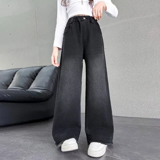 Girls' jeans Black กางเกงยีนส์ขาตรงสีดำสุดอินเทรนด์และมีสไตล์ การออกแบบแถบยางยืด กางเกงยีนส์ทรงตรงลำลอง 120-170 HOT