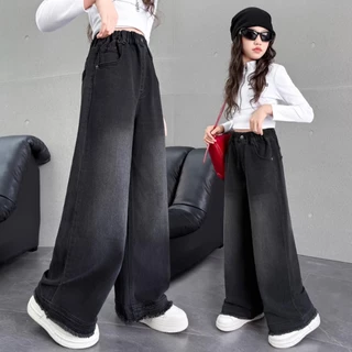 Girls' jeans Black กางเกงยีนส์ขาตรงสีดำสุดอินเทรนด์และมีสไตล์ การออกแบบแถบยางยืด กางเกงยีนส์ทรงตรงลำลอง 120-170 HOT