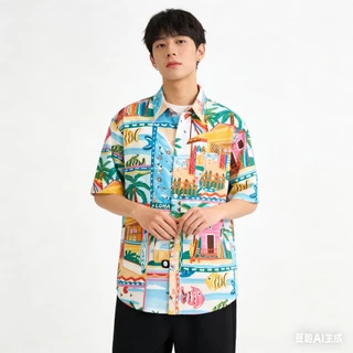 SGH0273 เสื้อฮาวายผู้ชาย ลายทะเล Aloha Summer เสื้อเชิ้ตแขนสั้น ใส่เที่ยวทะเล หล่อเท่ ใส่สบาย