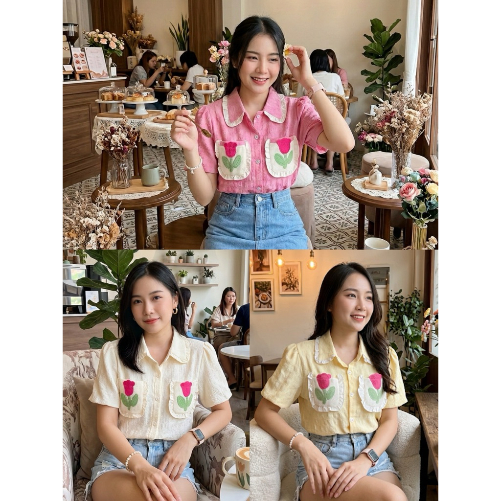 เสื้อคอปก กระเป๋าปัก🌷สวยมากก ใช้งานได้จริงนะคะ แขนดอลลี่น่ารัก ผ้าไม่ต้องรีดผ้ายับยากค่ะ