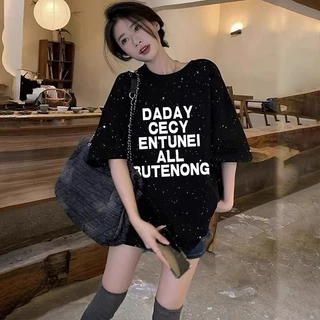 เสื้อยืดวินเทจทรงหลวมสำหรับผู้หญิง oversize เสื้อผ้าสาวอวบคนอ้วนไซส์ใหญ่ พิมพ์ลายประดับเลื่อม แฟชั่นเกาหลี กําลังฮิตใหม่