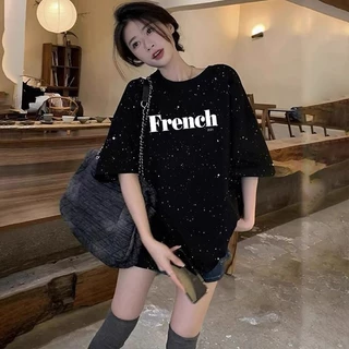 เสื้อยืดวินเทจทรงหลวมสำหรับผู้หญิง oversize เสื้อผ้าสาวอวบคนอ้วนไซส์ใหญ่ พิมพ์ลายประดับเลื่อม แฟชั่นเกาหลี กําลังฮิตใหม่