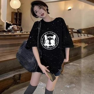 เสื้อยืดวินเทจทรงหลวมสำหรับผู้หญิง oversize เสื้อผ้าสาวอวบคนอ้วนไซส์ใหญ่ พิมพ์ลายประดับเลื่อม แฟชั่นเกาหลี กําลังฮิตใหม่