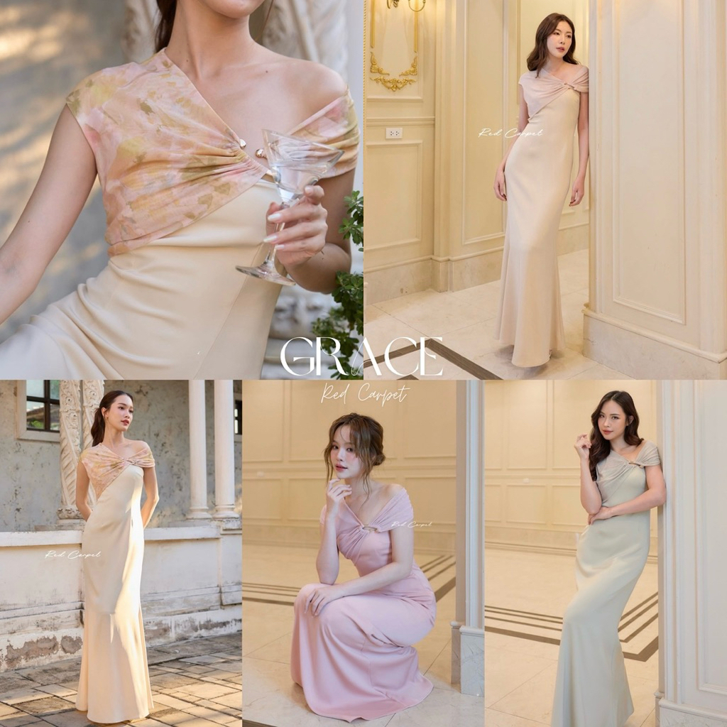 🏷️Red Carpet GRACE ชุดเดรสทรงยาวไหล่เปิด เดรสปาดไหล่ ชุดออกงาน ชุดเพื่อนเจ้าสาว ซาติน เรียบหรู ตัวยาว