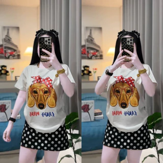 เซตเสื้อและกระโปรงลายน้องหมาโบว์ ผ้าเนื้อนุ่ม ใส่สบาย ขนาดฟรีไซส์