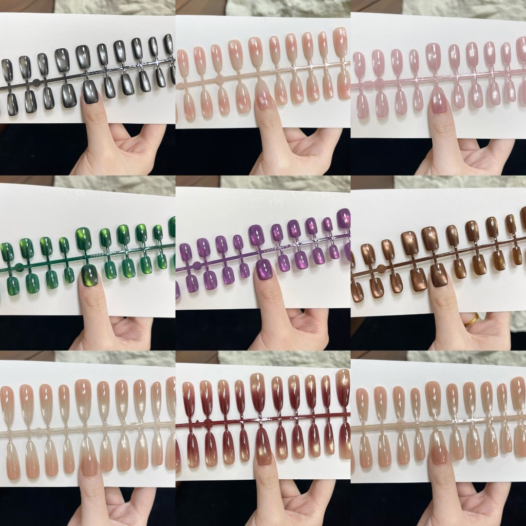 เซตเล็บปลอม 30 ชิ้น ขนาดฟรีไซส์แถมฟรีเซตกาว เล็บปลอมสีลูกแก้วแคทอายสีสวยเล่นแสง รูปสินค้าถ่ายจากงานจริง