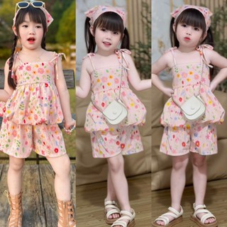 ชุดแฟชั่นเด็กผู้หญิง เซต 3 ชิ้น เสื้อผูกไหล่บอลลูน+กางเกง+ผ้…