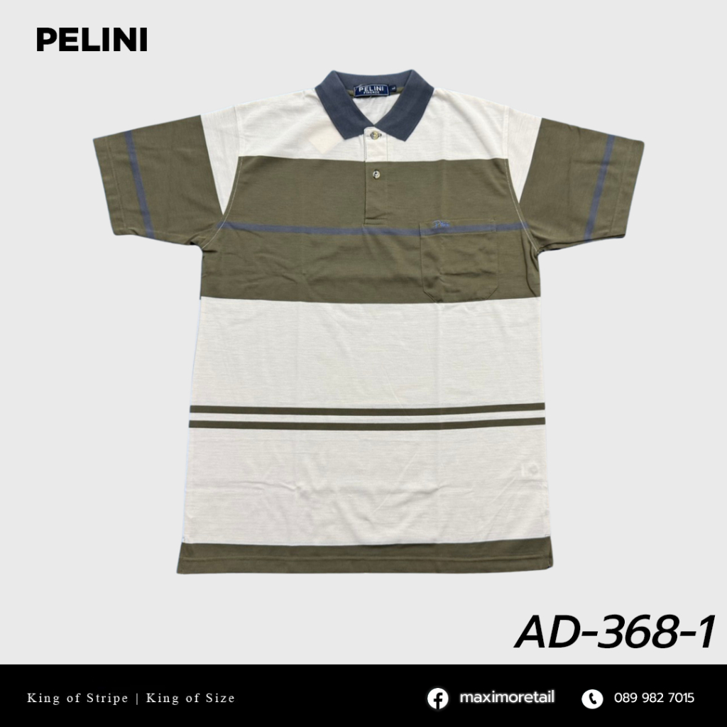 เสื้อโปโลแขนสั้นผู้ชายมีกระเป๋า  Pelini คอปก ลายริ้ว คลาสสิค สไตล์ยุโรป สำหรับผู้ใหญ่ รุ่น AD-368-1