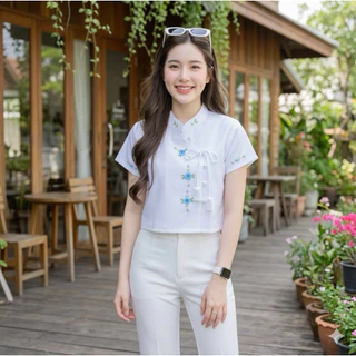 เสื้อพื้นเมืองผู้หญิงคอจีนป้ายผูกโบว์ ปักดอกด้วยมือ