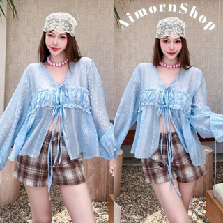 🔥aimorn_shop🔥เสื้อคอวี แต่งผูกโบว์หน้า ปลายแขนจั้ม สาวอวบใส่ได้ งานผ้าพริ้ว แต่งลายดอกสวยๆ