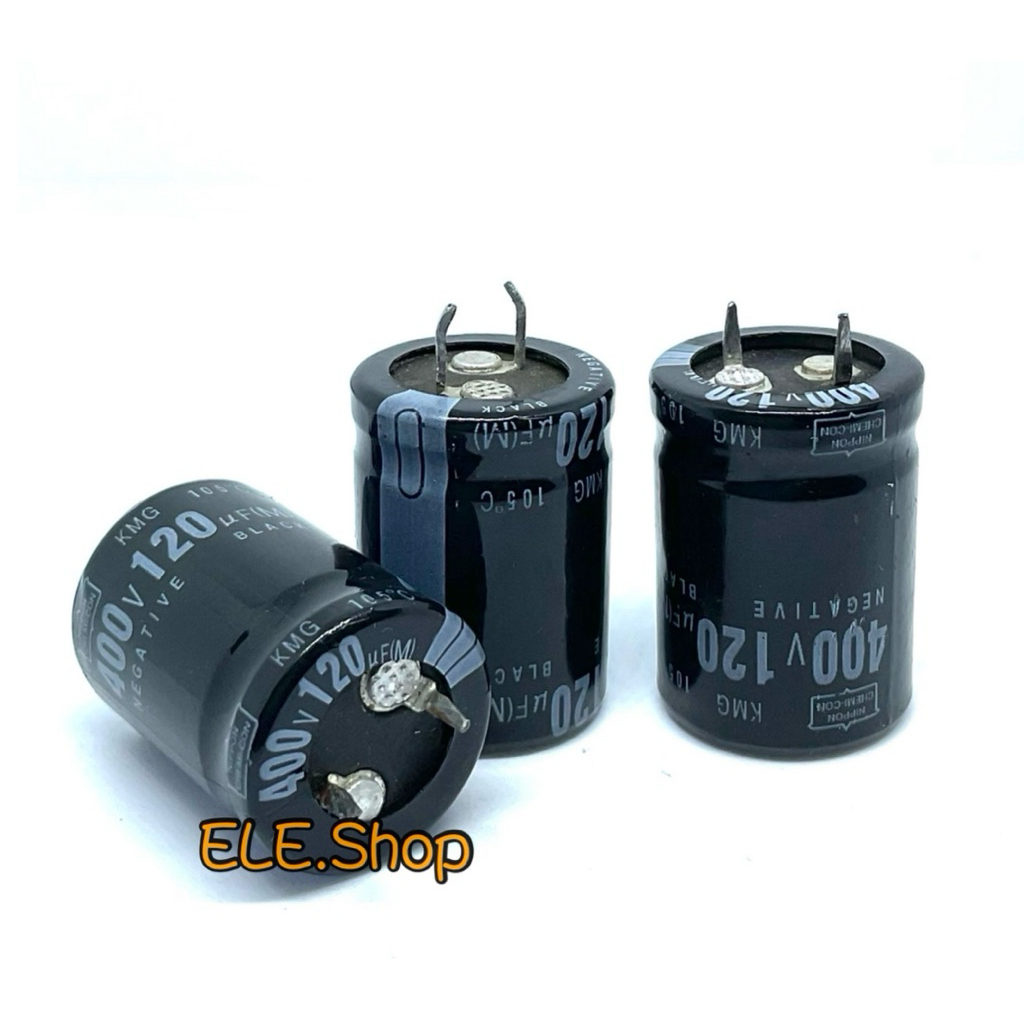 C ขาเขี้ยว 120uF400V กว้าง22mm สูง30mm 105Cองศา ยี่ห้อ NIPPON CAPA คาปา เก็บประจุ