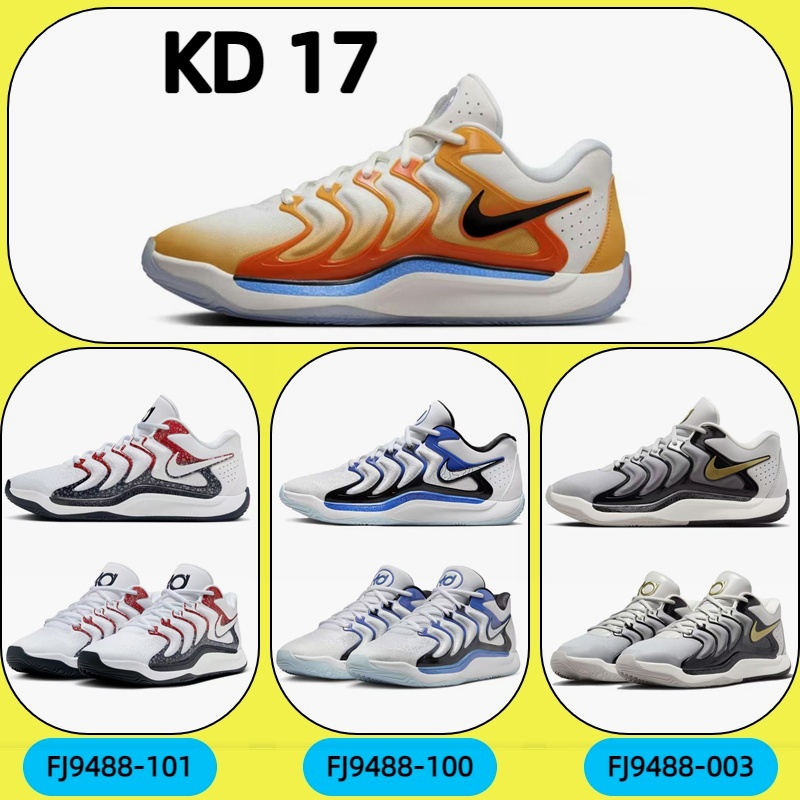 ของแท้ 100% Kd 17 น้ำหนักเบาและสวมใส่ต่อสู้จริงช็อกรองเท้าบาสเกตบอล Orange FJ9488-700