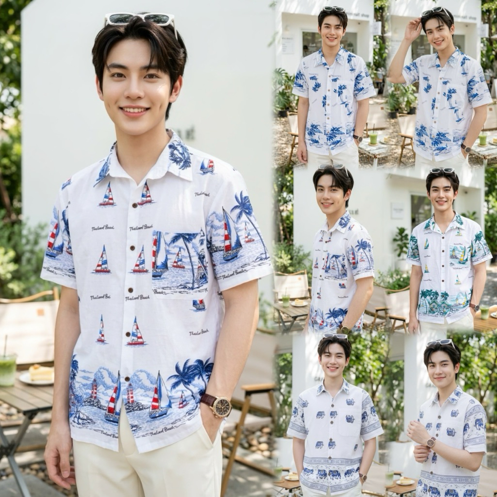 เสื้อพื้นเมืองผู้ชาย คอเชิ้ตลายต้นมะพร้าว/เรือใบ/ทะเล