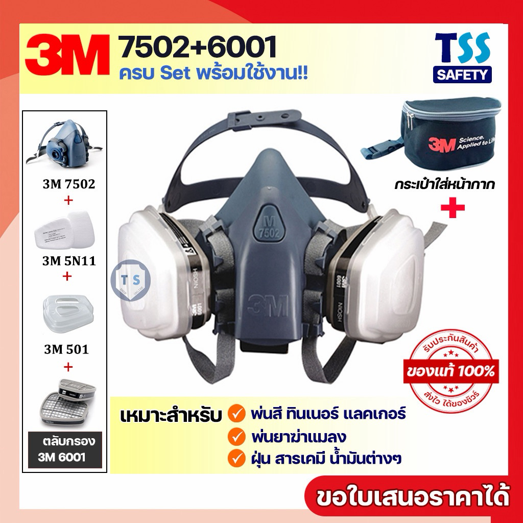 [ของแท้]3M 7502+3M 6001 ชุดหน้ากากสำหรับงานพ่นสี พ่นยาฆ่าหญ้า ยาฆ่าแมลง