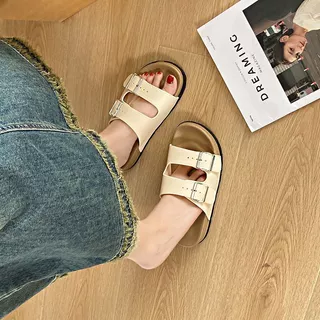 Double Buckle Boken รองเท้าแตะ Anti Slip สวมด้านนอกแฟชั่นหนึ่งร้อยรองเท้าแตะ