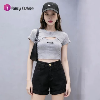 Fancy Fashion กางเกงยีนส์ขาสั้นสีขาว เอวสูงคุมทรง ผ้าดีใส่สบาย ผสมผสานง่าย S-2XL