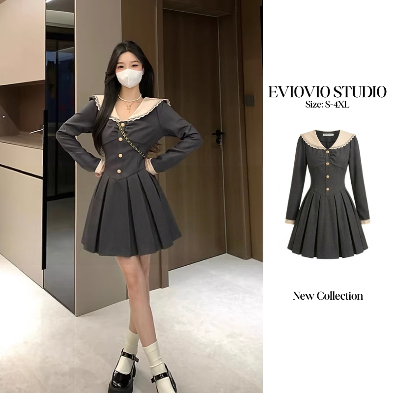 【S-4X】EVIOVIO🎉ชุดเดรสสั้นคอปกลูกไม้ระบาย สไตล์เกาหลี กึ่งทางการ โทนสีสุภาพ ชุดใส่ไปคาเฟ่ ชุดไปเที่ยว พร้อมส่งในไทย🤩